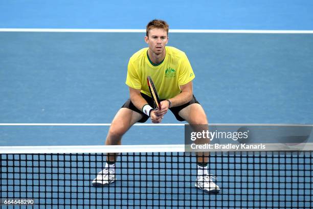 John Peers of Australia during practice ahead of the Davis Cup World Group Quarterfinal match between Australia and the USA at Pat Rafter Arena on...