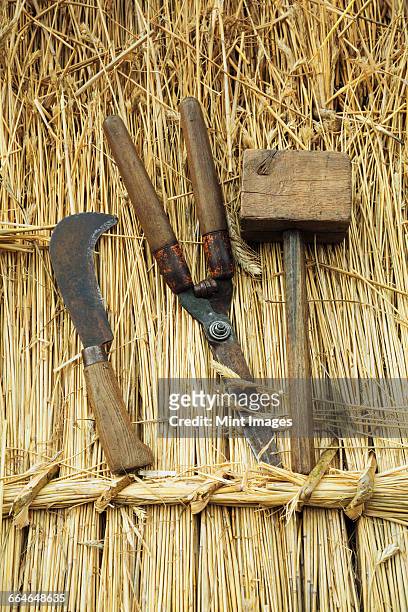 close up of a wooden mallet, shears and a bill hook on a straw thatched roof. - mallet hand tool foto e immagini stock