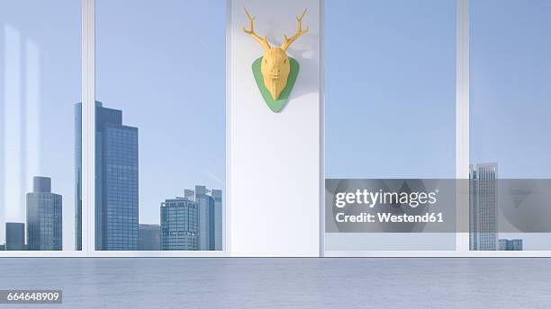 3d rendering, deer antler on concrete wall in office, sykline - hunting trophy stock-grafiken, -clipart, -cartoons und -symbole