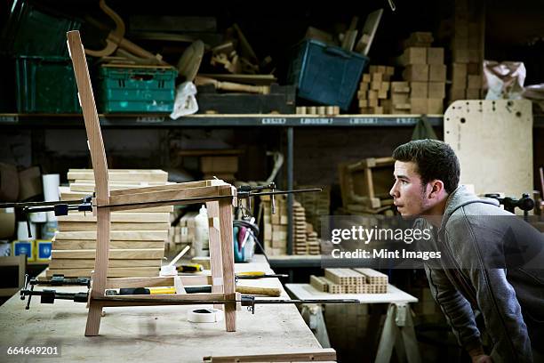 a man working in a furniture makers workshop assembling a chair. - furniture maker stockfoto's en -beelden