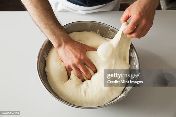 close up of a baker kneading bread dough in a metal bowl. - teig kneten stock-fotos und bilder