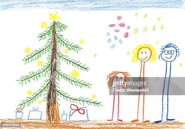 children's drawing, happy family, christmas tree and presents - drawing activity stock illustrations