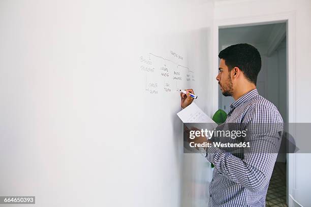 man in office writing chart on wall - organigramm stock-fotos und bilder
