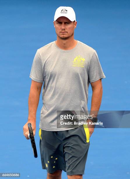 Team Captain Lleyton Hewitt of Australia watches on during practice ahead of the Davis Cup World Group Quarterfinal match between Australia and the...