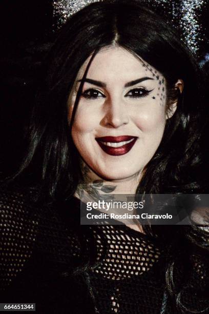 Kat Von D poses during the Kat Von D Inaugurates Studded Kiss Lipstick Installation In Milan at La Statale on April 4, 2017 in Milan, Italy.