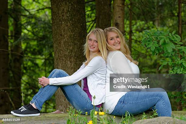 slim and overweight woman sitting back to back at forest edge - schlank stock-fotos und bilder
