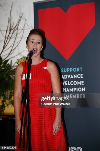 Poppy Appeal ambassador Rebecca Nelson sings during the RSA 2017 Poppy Appeal National Launch on April 5, 2017 in Auckland, New Zealand. Poppy Day is...