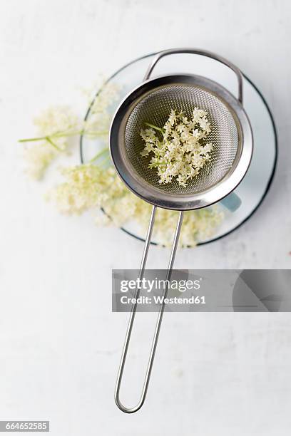 strainer with elderflowers on a cup - colander stockfoto's en -beelden