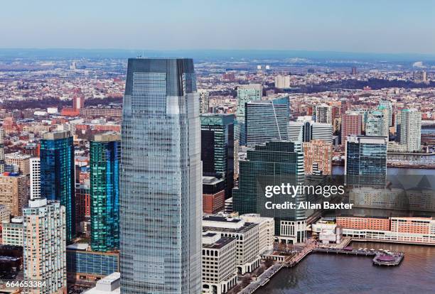 aerial view of paulus hook in jersey city with goldman sachs tower - jersey city fotografías e imágenes de stock