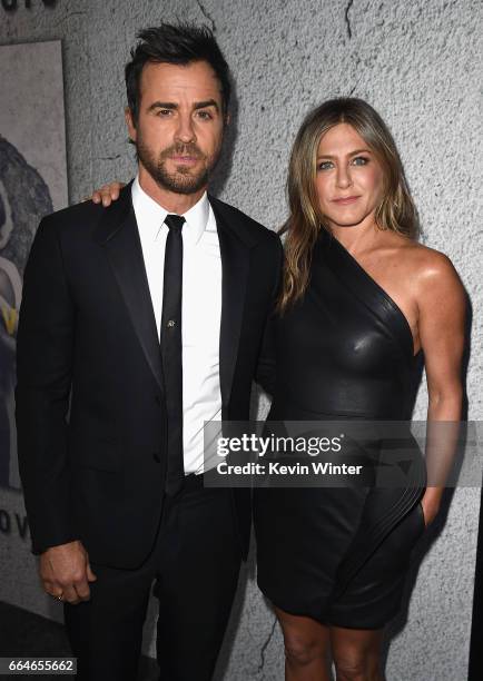 Actors Justin Theroux and Jennifer Aniston attend the premiere of HBO's "The Leftovers" Season 3 at Avalon Hollywood on April 4, 2017 in Los Angeles,...