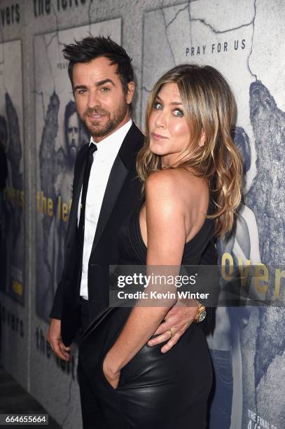 Actors Justin Theroux and Jennifer Aniston attend the premiere of HBO's "The Leftovers" Season 3 at Avalon Hollywood on April 4, 2017 in Los Angeles,...