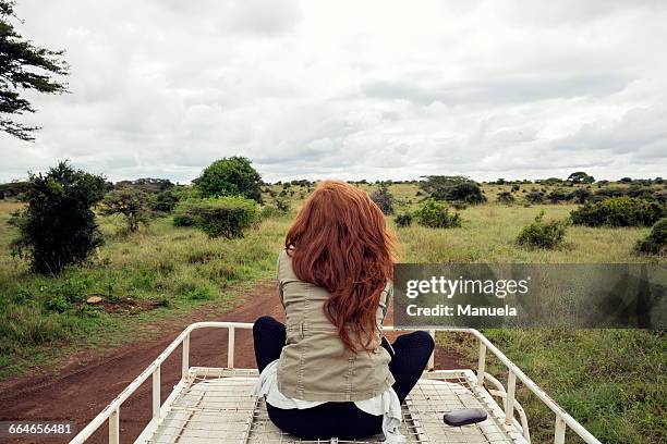 woman enjoying ride on top of vehicle in wildlife park, nairobi, kenya - nairobi stock pictures, royalty-free photos & images