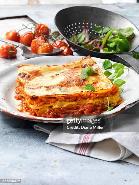 food, vegetarian meals, roasted butternut squash lasagne, cheese, tomato, salad, vintage plate, rustic metal colander - lasagne stock-fotos und bilder