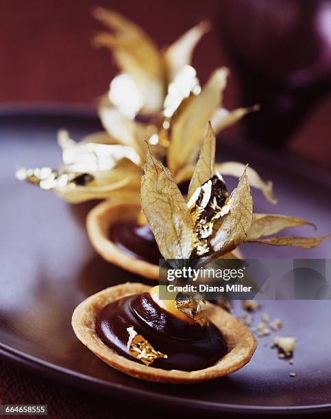 cape gooseberry chocolate tarts - physalis stock pictures, royalty-free photos & images