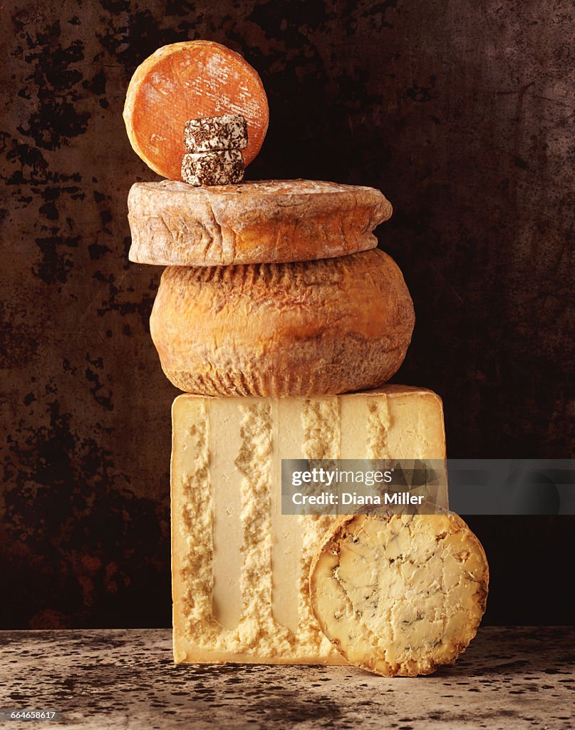 Stack of British cheeses