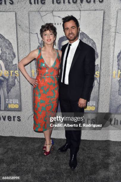 Actors Carrie Coon and Justin Theroux attend the premiere of HBO's "The Leftovers" Season 3 at Avalon Hollywood on April 4, 2017 in Los Angeles,...