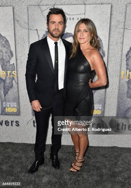 Actors Justin Theroux and Jennifer Aniston attend the premiere of HBO's "The Leftovers" Season 3 at Avalon Hollywood on April 4, 2017 in Los Angeles,...