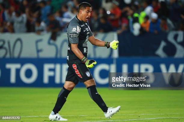 Alfonso Blanco goalkeeper of Pachuca celebrates his team's first goal during the semifinals second leg match between Pachuca and FC Dallas as part of...