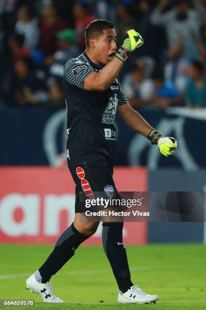 Alfonso Blanco goalkeeper of Pachuca celebrates his team's first goal during the semifinals second leg match between Pachuca and FC Dallas as part of...