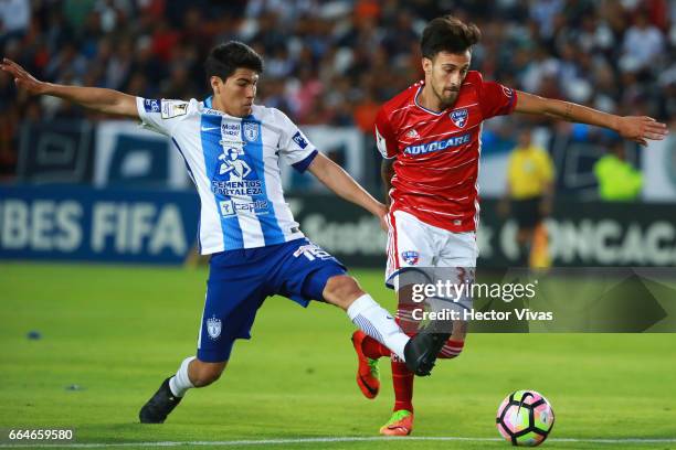 Erick Gutierrez of Pachuca struggles for the ball with Maximiliano Urruti of FC Dallas during the semifinals second leg match between Pachuca and FC...