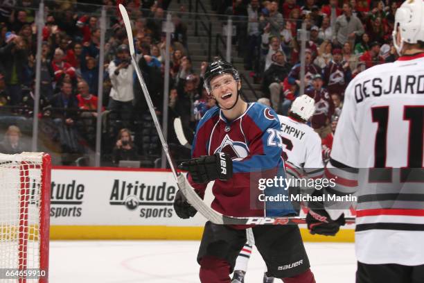 Mikhail Grigorenko of the Colorado Avalanche celebrates after scoring a goal against the Chicago Blackhawks at the Pepsi Center on April 4, 2017 in...