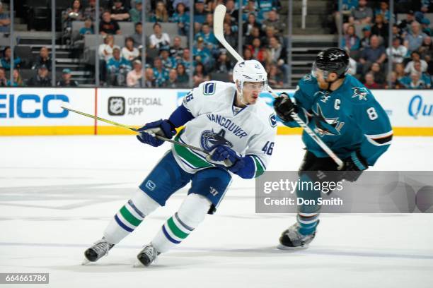 Jayson Megna of the Vancouver Canucks skates during a NHL game against the San Jose Sharks at SAP Center at San Jose on April 4, 2017 in San Jose,...