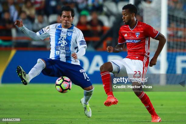 Jorge Hernandez of Pachuca struggles for the ball with Kellyn Acosta of FC Dallas during the semifinals second leg match between Pachuca and FC...