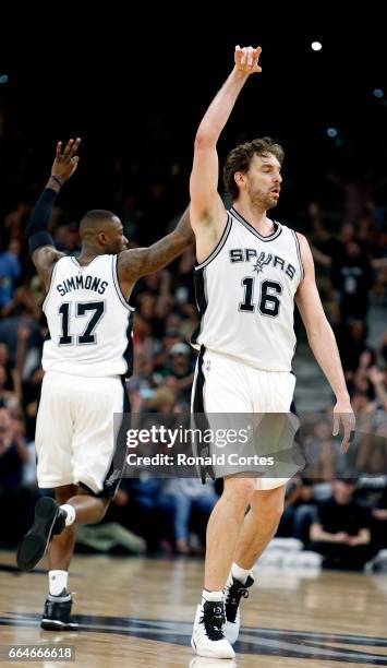 Pau Gasol of the San Antonio Spurs reacts after a three in overtime against the Memphis Grizzlies at AT&T Center on April 4, 2017 in San Antonio,...