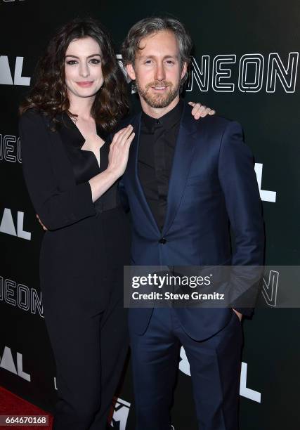 Anne Hathaway, Adam Shulman arrives at the Premiere Of Neon's "Colossal" at the Vista Theatre on April 4, 2017 in Los Angeles, California.