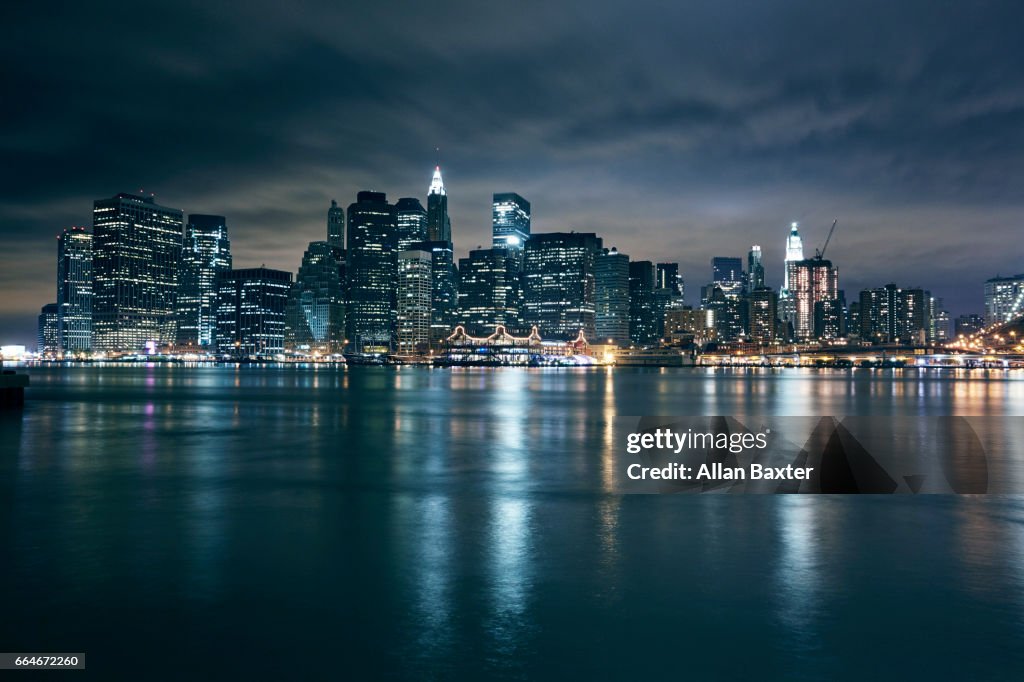 Skyline of Lower Manhattan in New York illuminated at night