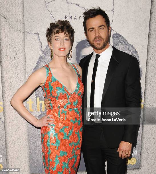 Actress Carrie Coon and actor Justin Theroux attend the season 3 premiere of "The Leftovers" at Avalon Hollywood on April 4, 2017 in Los Angeles,...