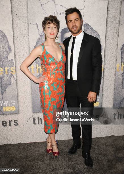 Actress Carrie Coon and actor Justin Theroux attend the season 3 premiere of "The Leftovers" at Avalon Hollywood on April 4, 2017 in Los Angeles,...