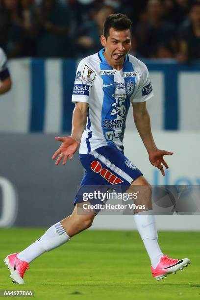 Hirving Lozano of Pachuca celebrates after scoring the second goal of his team during the semifinals second leg match between Pachuca and FC Dallas...