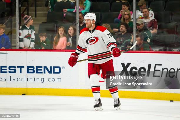 Carolina Hurricanes left wing Bryan Bickell warms up before the start of the game between the Carolina Hurricanes and the Minnesota Wild on April 4,...