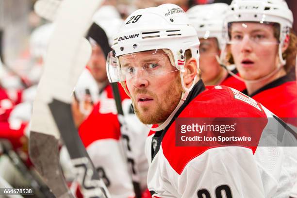 Carolina Hurricanes left wing Bryan Bickell looks on in the 1st period during the game between the Carolina Hurricanes and the Minnesota Wild on...