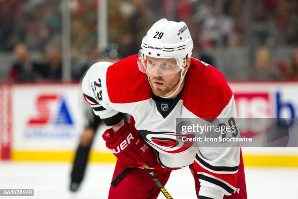 Carolina Hurricanes left wing Bryan Bickell before the faceoff during the game between the Carolina Hurricanes and the Minnesota Wild on April 4,...