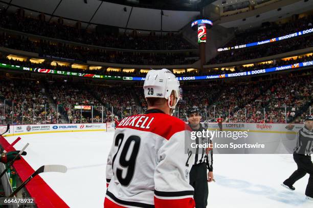 Carolina Hurricanes left wing Bryan Bickell in action during the game between the Carolina Hurricanes and the Minnesota Wild on April 4, 2017 at Xcel...