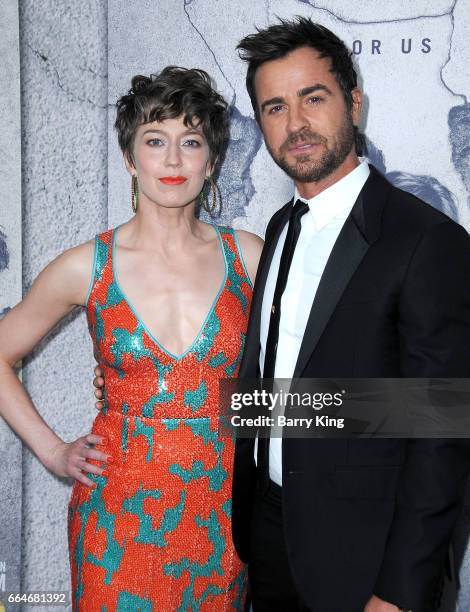 Actress Carrie Coon and actor Justin Theroux attend the premiere of HBO's 'The Leftovers' Season 3 at Avalon Hollywood on April 4, 2017 in Los...