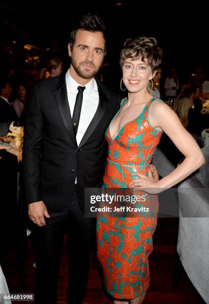 Actors Justin Theroux and Carrie Coon attend HBO's "The Leftovers" season 3 premiere and after party at Avalon Hollywood on April 4, 2017 in Los...