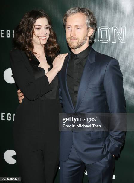 Anne Hathaway and Adam Shulman arrive at the Los Angeles premiere of Neon's "Colossal" held at the Vista Theatre on April 4, 2017 in Los Angeles,...