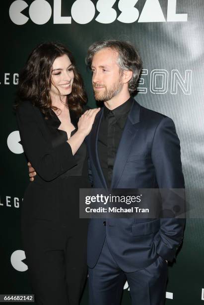 Anne Hathaway and Adam Shulman arrive at the Los Angeles premiere of Neon's "Colossal" held at the Vista Theatre on April 4, 2017 in Los Angeles,...