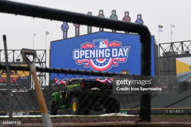 General view of the "Opening Day" logo on the scoreboard prior to a game between the Detroit Tigers and the Chicago White Sox at Guaranteed Rate...