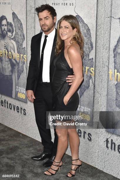 Justin Theroux and Jennifer Aniston attend the Premiere Of HBO's "The Leftovers" Season 3 - Arrivals at Avalon Hollywood on April 4, 2017 in Los...