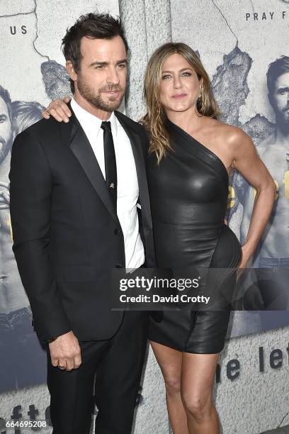 Justin Theroux and Jennifer Aniston attend the Premiere Of HBO's "The Leftovers" Season 3 - Arrivals at Avalon Hollywood on April 4, 2017 in Los...