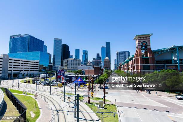Wide angle view of Minute Maid Park showing downtown Houston
