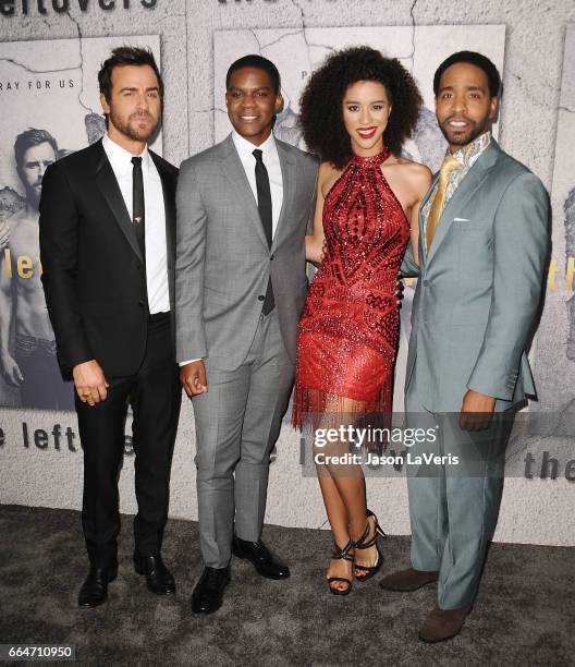 Actors Justin Theroux, Jovan Adepo, Jasmin Savoy Brown and Kevin Carroll attend the season 3 premiere of "The Leftovers" at Avalon Hollywood on April...