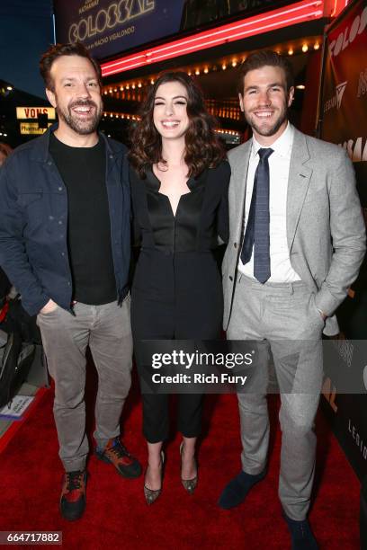 Actor Jason Sudeikis, actress Anne Hathaway and actor Austin Stowell arrive at the premiere of Neon's "Colossal" at the Vista Theatre on April 4,...