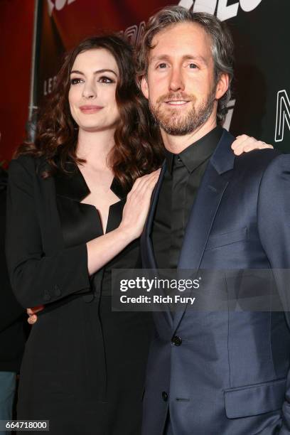 Actress Anne Hathaway and actor Adam Shulman arrive at the premiere of Neon's "Colossal" at the Vista Theatre on April 4, 2017 in Los Angeles,...