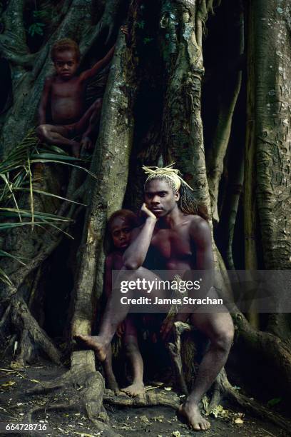kastam (custom) villager with penis gourd and two of his children sitting entwined in ancient tree with two sons (kastam villagers consciously reject to consumers values to live in the wild), tanna island, vanuatu - koteka stock pictures, royalty-free photos & images