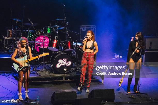 Lily Tello, Harley Rae and Alice Androsch of The Flicks perform at the Barbican York on March 26, 2017 in York, England.